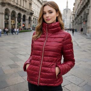 Save The Duck Packable Funnel Neck Short Puffer Jacket‎ Red Zip Up Coat